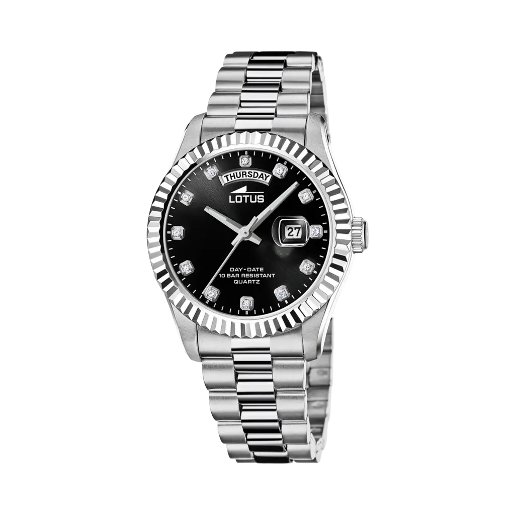 Lotus herrklocka -  dag/datum,  stål/svart, stenar, 41,5 mm