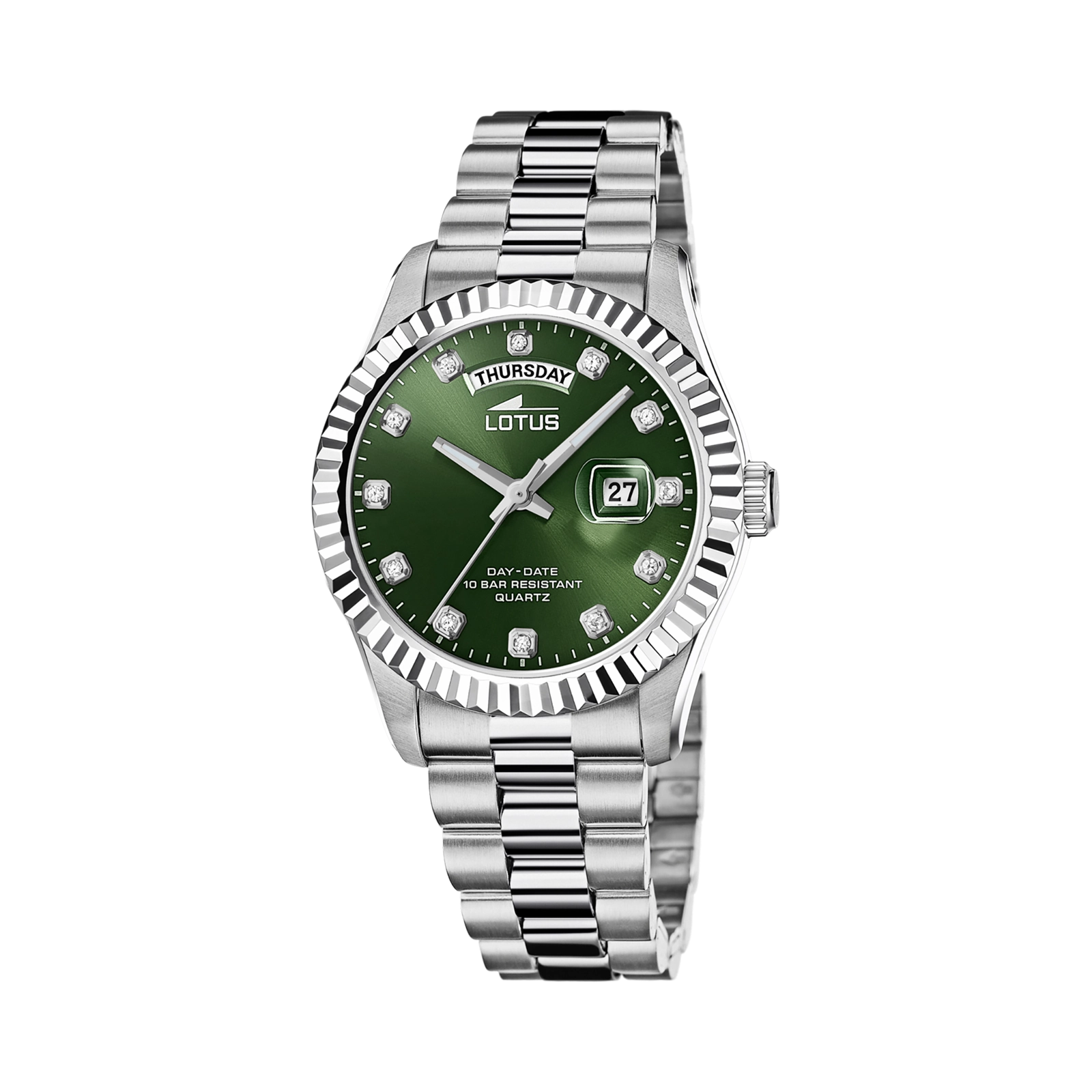 Lotus herrklocka -  dag/datum, stål/grön, stenar, 41,5 mm