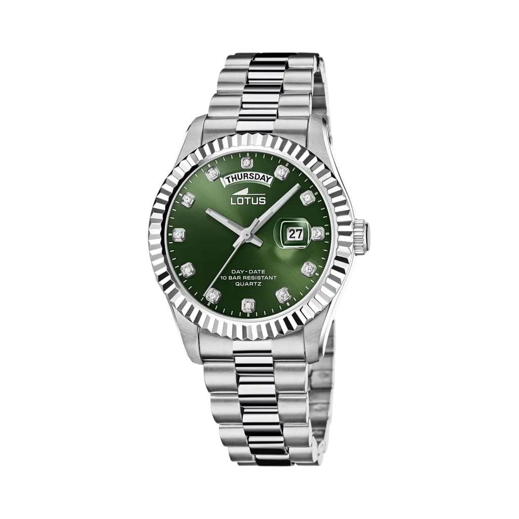 Lotus herrklocka -  dag/datum, stål/grön, stenar, 41,5 mm