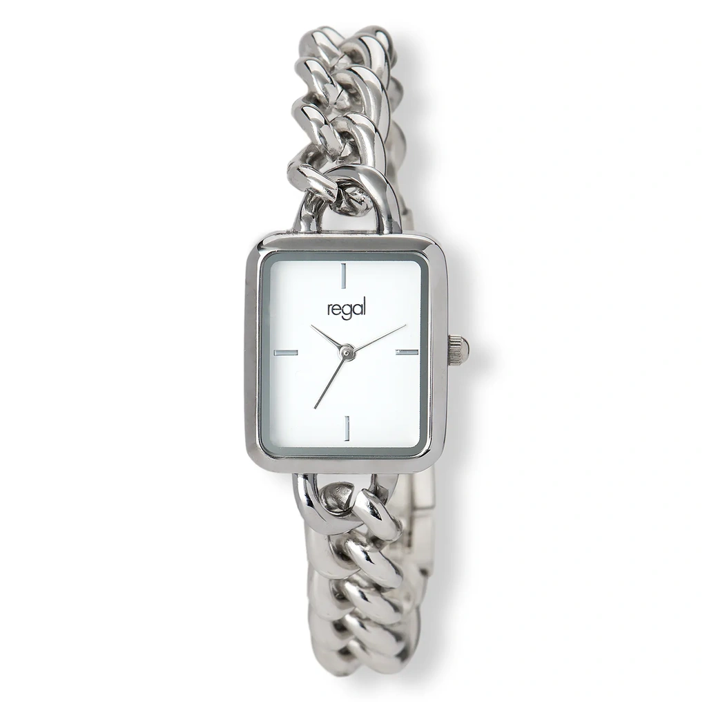 Regal rektangulär dam vit/silver, metallband - R89334-132