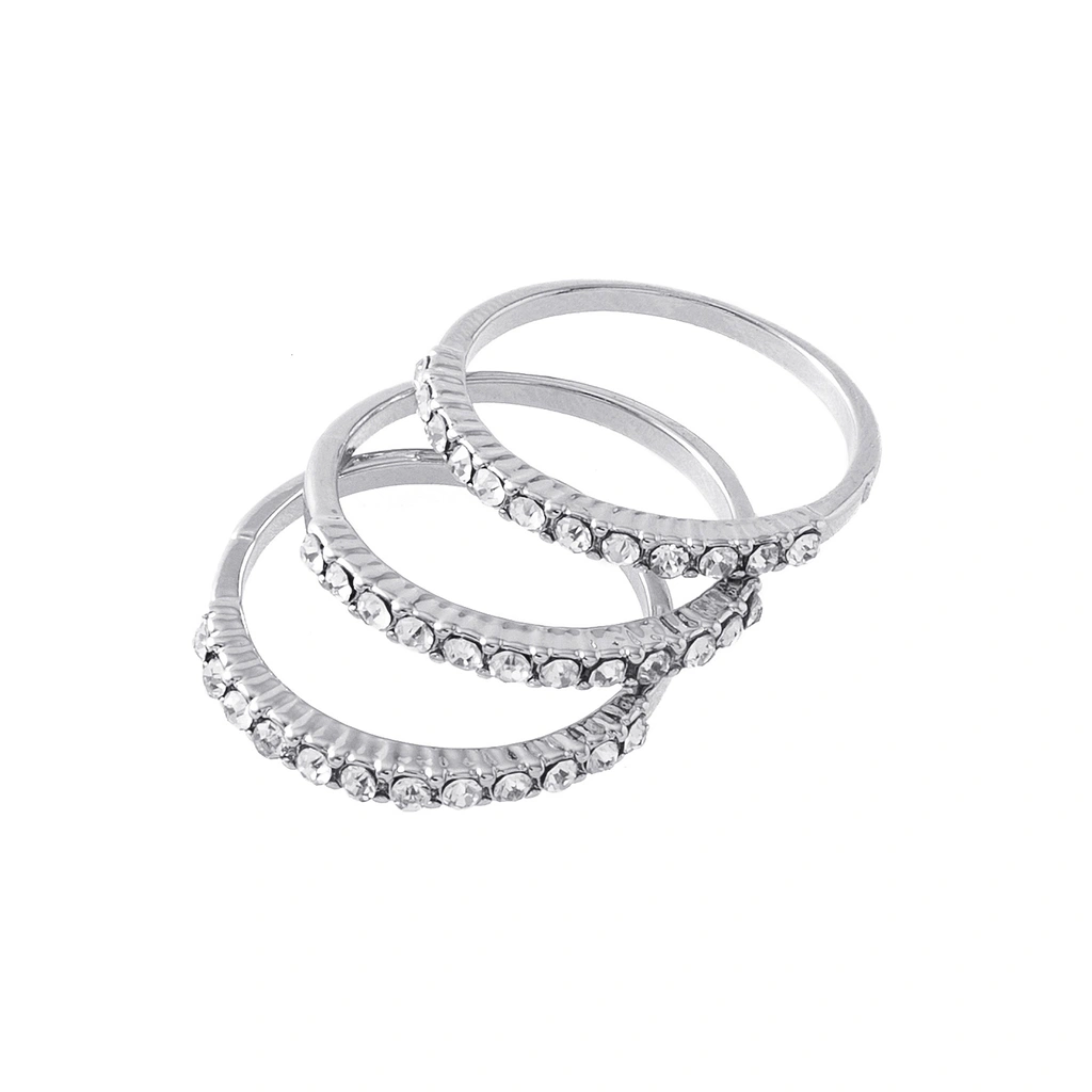 Silverfärgade ringar, 3-pack med glasstenar - Stl 17