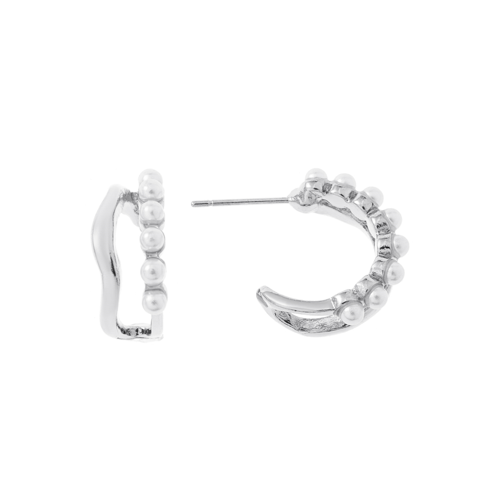 Silverfärgade örhängen, vågiga C-hoops med pärlor - 1,7 cm