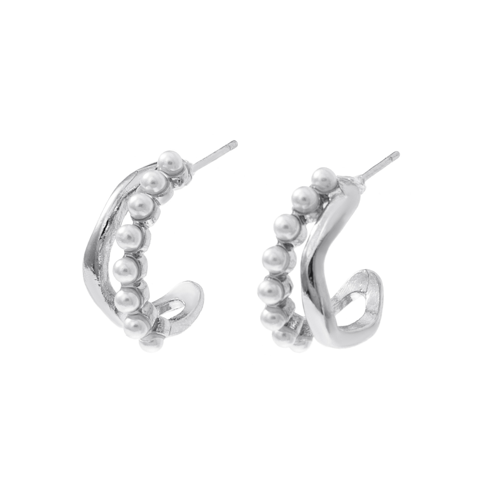 Silverfärgade örhängen, vågiga C-hoops med pärlor - 1,7 cm
