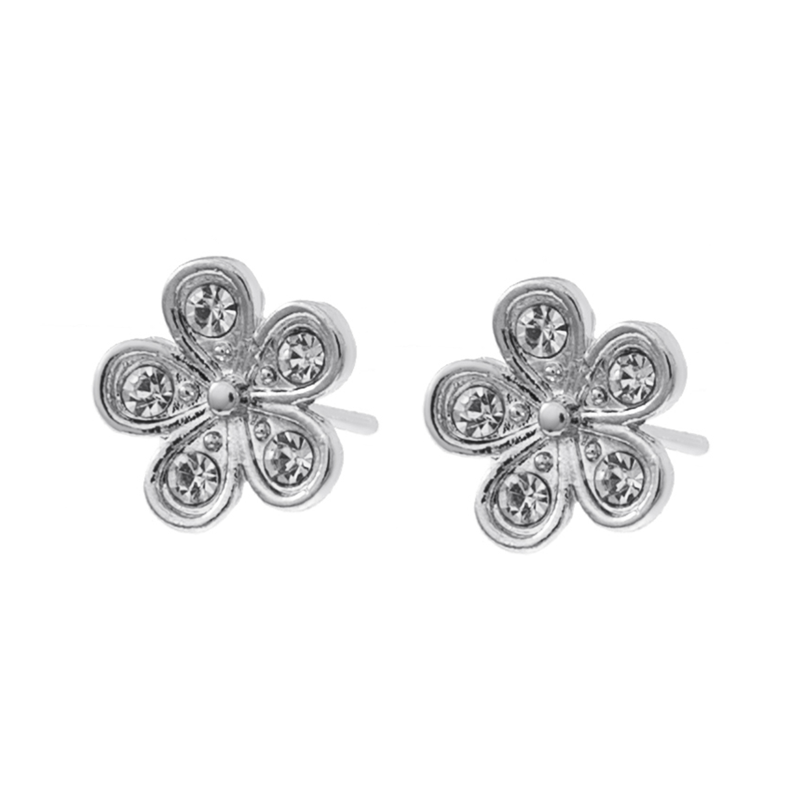 Silverfärgade örhängen, blomformade studs med stenar - 1x1 cm
