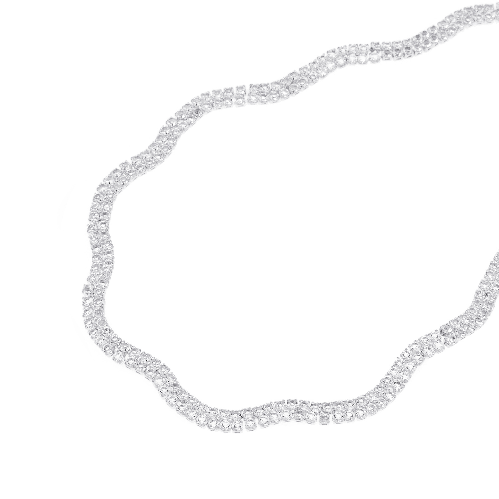 Silverfärgat halsband, vågig dubbelradig glaskristall - 42+7 cm