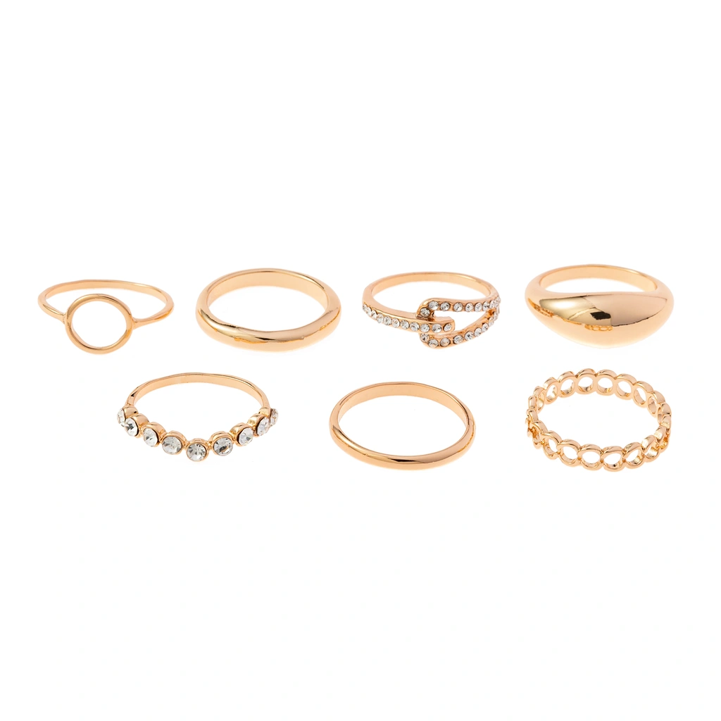 Guldfärgade ringar, 7-pack med glasstenar - Storlek 17