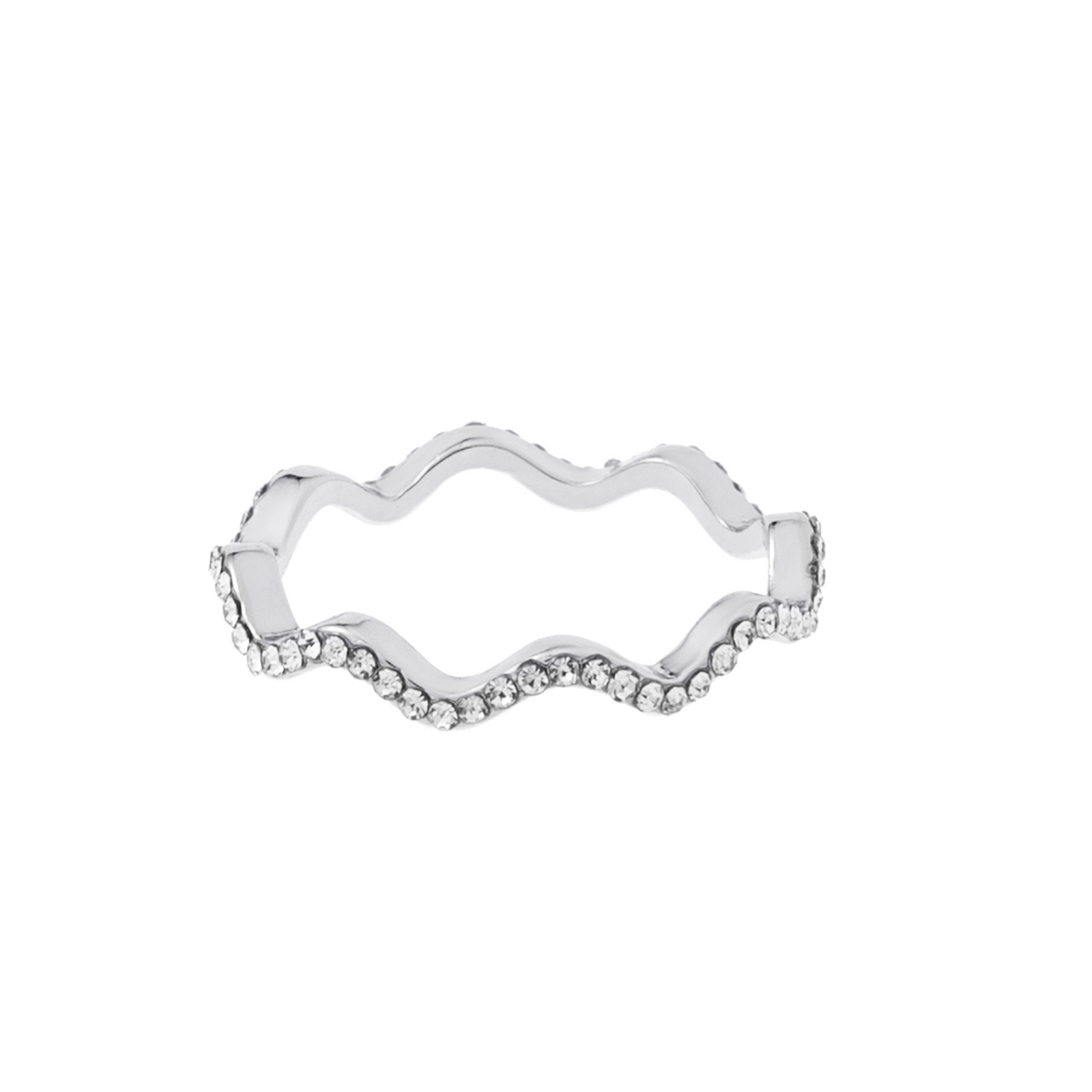 Silverfärgad ring, vågformad med glasstenar - Storlek 19