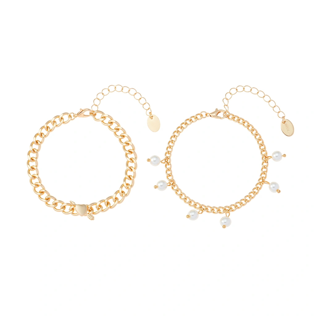 Guldfärgade armband, 2-pack pärlor och hjärta - 17+5 cm