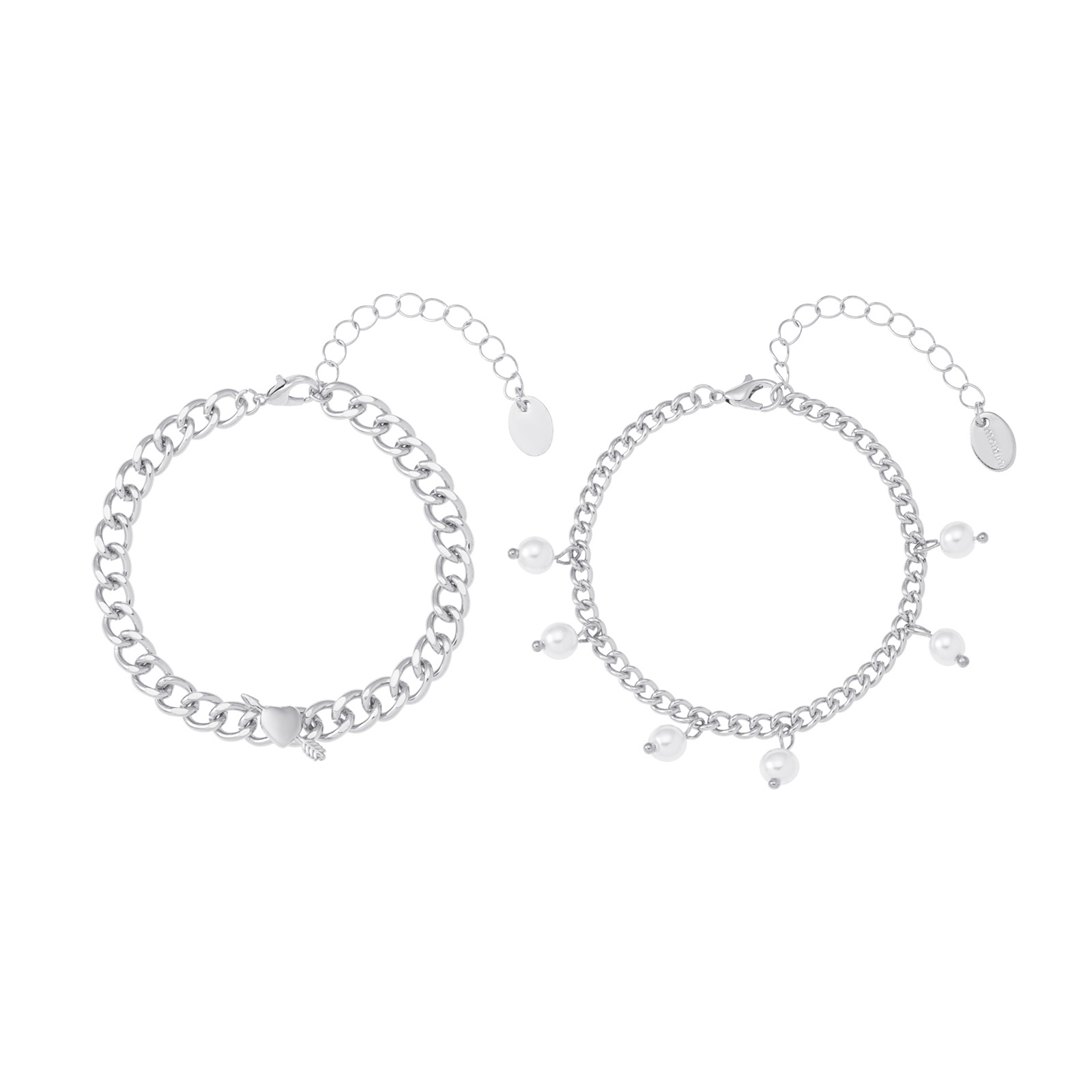 Silverfärgade armband, 2-pack pärlor och hjärta - 17+5 cm