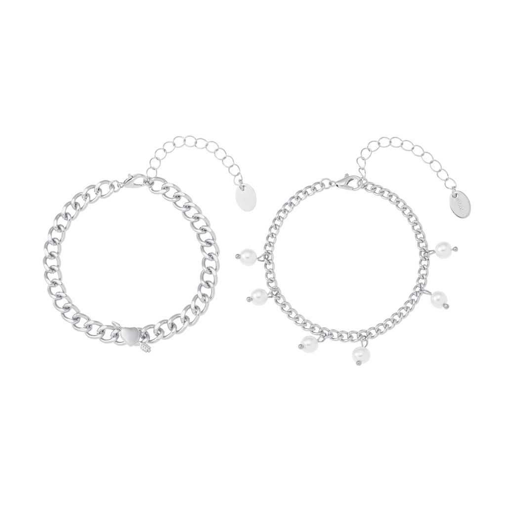 Silverfärgade armband, 2-pack pärlor och hjärta - 17+5 cm