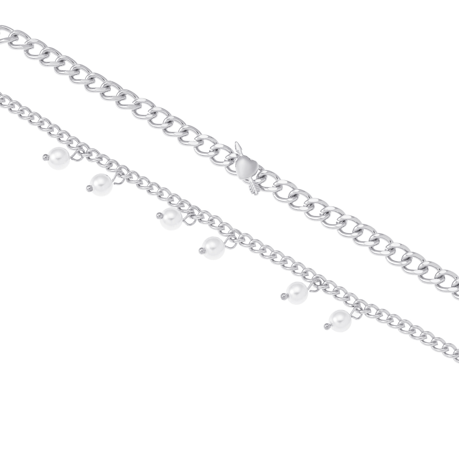 Silverfärgade armband, 2-pack pärlor och hjärta - 17+5 cm