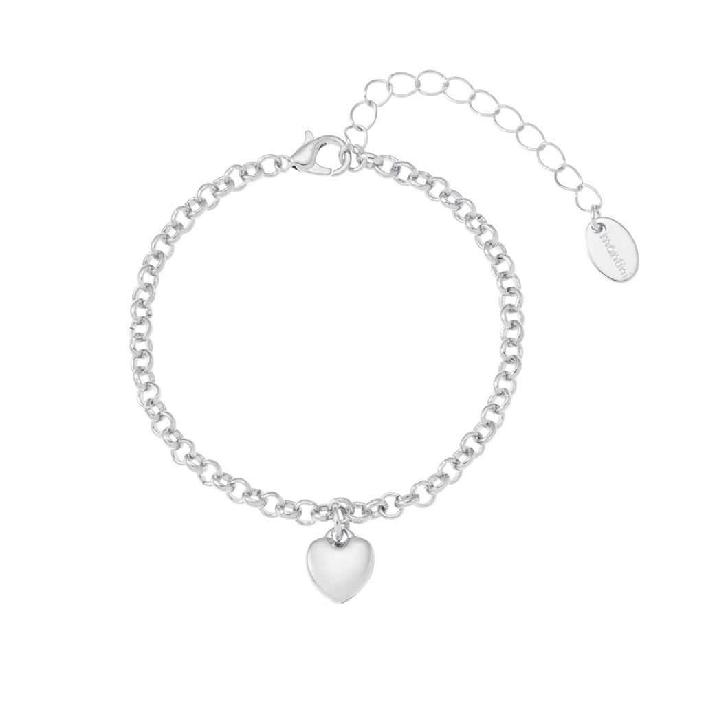 Silverfärgat armband, rundlänk med hjärta - 17+5 cm