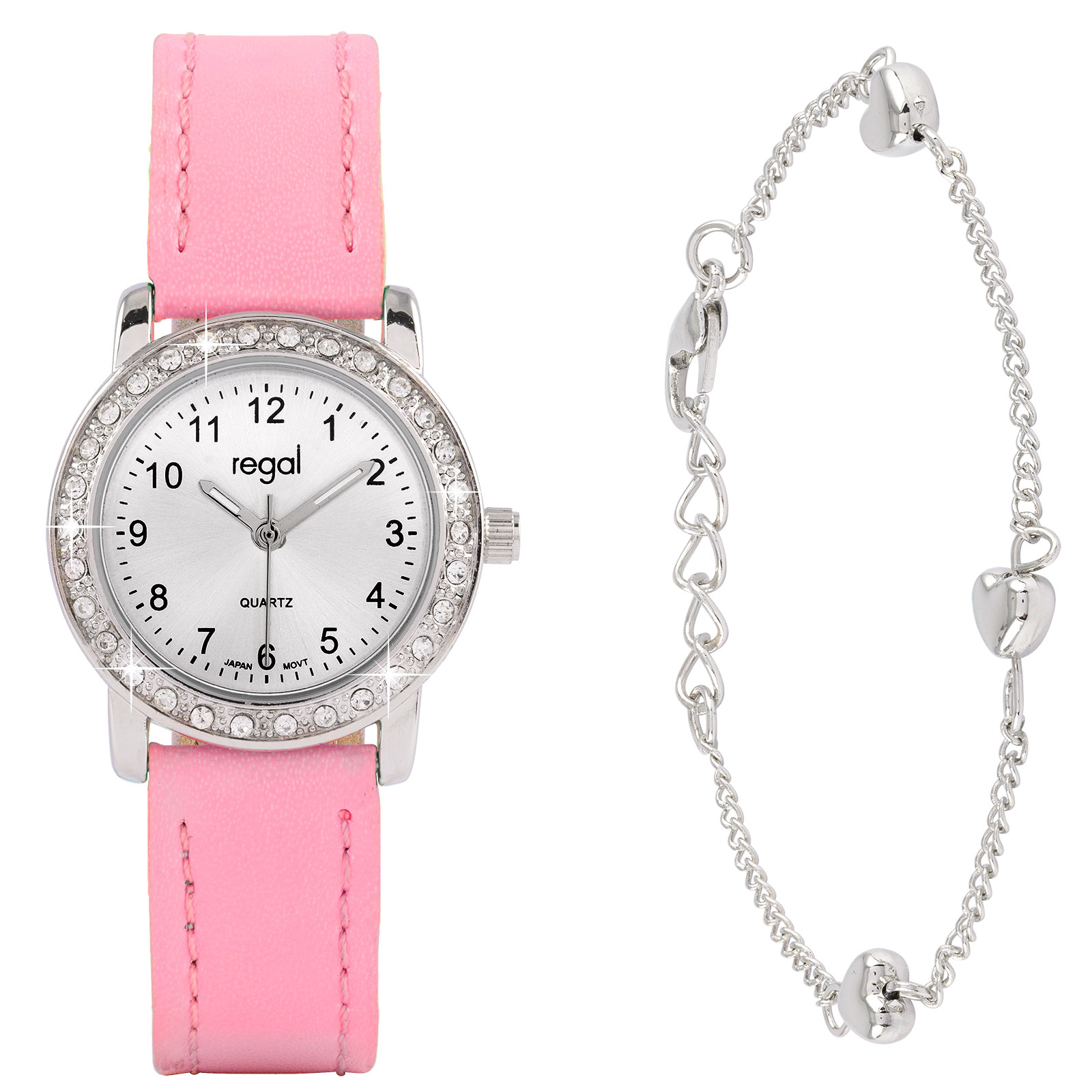 Regal barnklocka - set med armband, silver/rosa, 28 mm